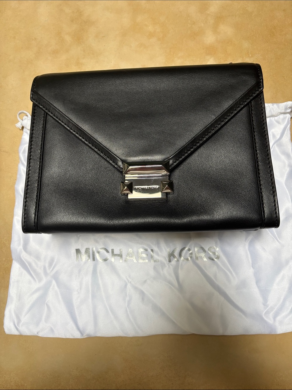 Michael Kors Black Leather Envelope Shoulder Bag with Silver Hardware